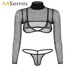 Kadın Porno Striptizci Kıyafet Şeffaf Pole Dans Fishnet Lingerie Set Clubwear Uzun Kollu Üçgen Sütyenli Omuz silkme Tee15489944