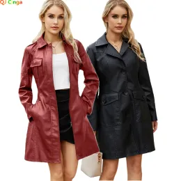 Jackor Röd lång midja Laceup Läderjacka Kvinnor Longsleved Lapel Pu Windbreaker Jacket Fashion Female SingleBreasted Overrock