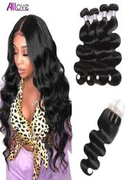 Allove Peruvian Straight Body Deep Curly 3 Bundles Remy Human Hair Extensions With 44 Lace Closure Double Weft Weave for Women Al44952663