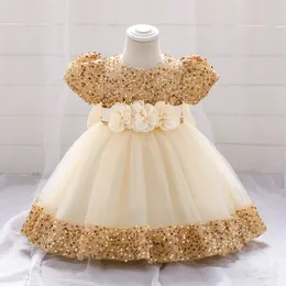 Big Bow Gold paljetter Party Baby Girls Dress Toddler Tutu Lace 1st Birthday Princess Dresses For Girl Wedding Prom Christmas Gown 240220