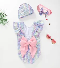 Ins 2019 new Kids Swimwear Mermaid Girls Swimsuit Onepiecehatbows Headbands Kids Bathing Suits Girls Swim Suits Baby Swimwear A6952429