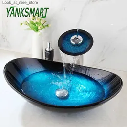 Badezimmer-Waschtischarmaturen YANKSMART Waschbecken aus gehärtetem Glas mit Wasserhahn, Waschbecken, Waschtischplatte mit Pop-up-Wasserhahn Q240301