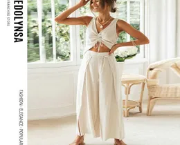 Sommer Casual Zwei Stück Set Baumwolle Leinen Dstring Crop Top Split Spitze Up Breite Bein Hosen Loungewear Women039s Hause anzüge Y120 Q052698647