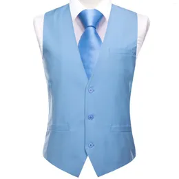 Men's Vests Light Blue Men Silk Vest Wedding Solid TR Slim Waistcoat Neck Tie Hanky Cufflinks Brooch Set For Suit Party Designer Hi-Tie