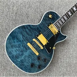 Vendita CALDA!Custom Shop, chitarra elettrica Caston Big Flower trasparente nera e blu, tastiera in palissandro, hardware dorato, spedizione gratuita