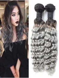 1BGREY OMBRE BRAZILIAN HUMAN HAIR WEAVE BUNDLES Dark ROOT Deep Wavy Wavy Silver Grey Hurn Hair Weft Extensions 3PC2292303