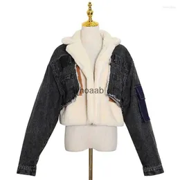 Damen Jacken Jacken Kleidung Lammwolle Denim Patchwork Mantel Schwarz Blau Winter Warm High Streetwear Plus Größe XXL 240301