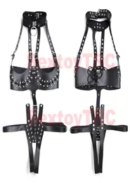 Sexy Brust-Körpergeschirr mit offenem Schritt, ouvert, Domina-Kostüm, Kunstleder, schwarz, mit Nieten besetzt, BDSM-Bondage-Korsettträger für Frauen9345309