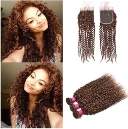 Kinky Curly Human Hair Weaves With Lace Closure 4 Middle Brown Curly Hair Extension Brown Hair 3Bundle with 4x4 Top Stängning1911409