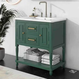Badrumsvaskar Krattor Badrum Vanity Med Top Sink Two Doors och två lådor Solid Wood Frame Q240301