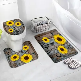 Paspaslar Rustik Ayçiçeği Banyo Mat Seti Vintage Farm Ahır Ahşap Plank Çiçek Ev Halı Banyo Dekor Dekor Dekor Halılar Tuvalet Kapak Kapağı