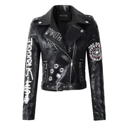 Autumn Women Winter Faux Soft Leather Jackets Coats Lady Black Pu Rivet Zipper Epaulet 3D Print Motorcykel Streetwear 240228