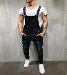 Pantalones Jean Hombre 2019 Dungarees Men Bib Pants Solid Color Destoed Jeans Hole Slim Fit Denim Jumpsuit Men Ripped Jeans9782692