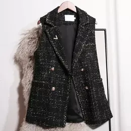 Gilet vintage in tweed da donna Nero con scollo a V doppio petto senza maniche Giubbotti Autunno Inverno Coreano Office Lady Gilet L60 240226