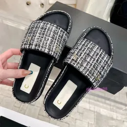 Platform slipper letter beach sliders outdoor luxury designer ladies linen woven flip flops shoes oper toe slippers sandals black