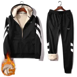 Erkek Hoodies Sweatshirts Spor ve Boş Zaman Seti Mens Kış Peluş ve Kalınlaştırılmış Sıcak Spor giysisi kapüşonlu Set Hardigan Ceket Günlük Pantolon