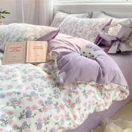 Set klass A tvättat bomullslinne 4 -stycken Set Small Fresh Bedding Double Garn Quilt Set Floral Bed Sheet Dormitory 3Piece Set