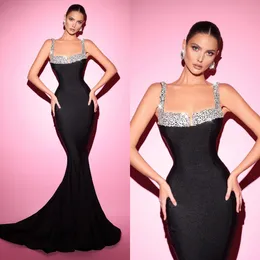 Sexy Black Mermaid Prom Dress Beads Spaghetti Formal Evening Gowns Elegant Pleats Party Dresses For Special Ocns Promdress