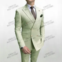 Suits Light Green Men Suits Double Breasted 2021 Latest Design Gold Button Formal Groom Wedding Tuxedos Best Man Costume Homme 2 Piece
