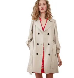 Khaki long sleeve notched collar trench coats women ladies spring elegant balloon sleeve belted double breasted outwear tops13373294