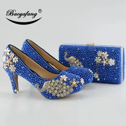 وصول Peacock Royal Blue Pearl Diamonds Shoes Womans Party/Wedding Pumps High Shoes Fashion Rhinestone Bride Shoes Women 240227