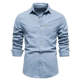 AIOPESON Outono Algodão Mens Denim Camisa Cor Sólida Bolso Único Casual Manga Longa Jeans para Homens 240227