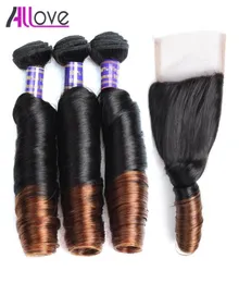 10A Brazilian Spring Curl Ombre T1B4 3Bundles مع إغلاق الشعر البكر العذراء شعر ماليزي ربيع حزم الشعر الهندي W95225103