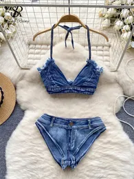 Mulheres Tracksuits Singiny Sexy Erótico Denim Conjuntos Halter Moda Backless V Neck Mini Tops Bikini Shorts Beach Party Doce Roupa Interior Ternos