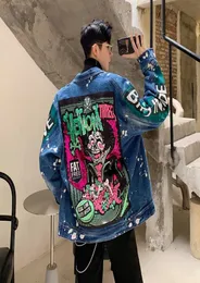 Yasuguoji homens streetwear graffiti apliques impresso jeans jaqueta hipster buracos solto hip hop motocicleta casual denim jaquetas 6347814