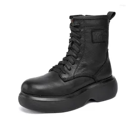 Boots Yourseason Ladies Platform äkta läder Zip Round Toe 2024 Kvinnor Handgjorda Koncise snörningskor Spring Winter Winter