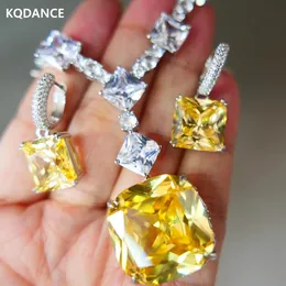 KQDANCE Большая квадратная лаборатория с желтыми кристаллами и бриллиантами, простая цепочка, медное ожерелье, серьги из стерлингового серебра 925 пробы, комплект свадебных украшений 240220