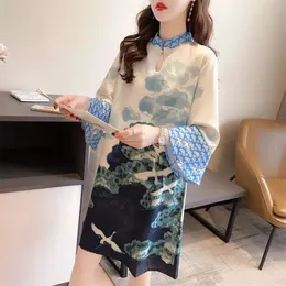 Dayifun Chinese Style Dresses 2023 Summer Stand Collar Print Tshirt Lady Temperament Loose Middle Sleeve Cheongsam Dress 240220