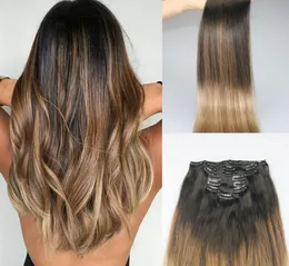 9A Grade Remy Clip in Omber Hair Extensions Balayage Dark brown fading to Ash blonde color Highlights Sew in Clip on Extensions 125266006