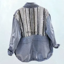 Damenjacken Mode Frühling Stehmantel Pailletten Splice Bomber Denim Kragen Loch Kordelzug Jeans 81 240301