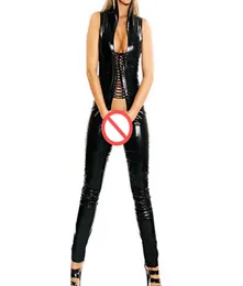 Sexy Women039s Faux Leather Bodycon Jumpsuit Black Bodysuit Open Crotch LaceUp Sexy Game Role Play Fetish Wear Erotic Catsuit 6850316