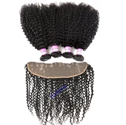 Mongoliska kinky lockiga hårbuntar med spetsens stängning Brasiliansk jungfru hår Human hår 3 buntar med 13x4 örat till örat front9505142