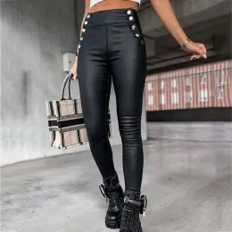 Capris Black Faux Leather Pants for Women Leggings High Waisted Butt Lift Slim Pants Sexy Skinny PU Trausers Button Tights Pantalones