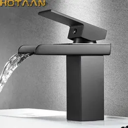 Bathroom Sink Faucets Black galvanized brass waterfall bathroom basin faucet square dressing table sink mixer hot and cold Lavoto single handle YT-5018-H Q240301