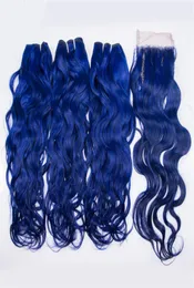 Islak ve dalgalı mavi saçlar kapalı mavi su dalgası saç Brezilya bakire insan saç uzantıları dantel kapatma ile 4pcslot8332161