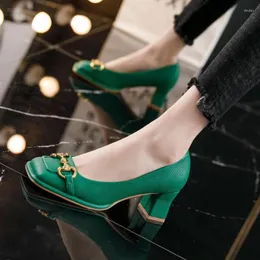 Dress Shoes Women's Medium Heel Square Thick French Style Pumps Black Green Toe Single