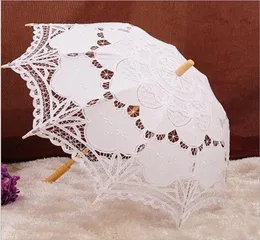 48cm White Long handle Handmade Art wedding Scallop Edge Embroidery Pure Cotton Lace Wedding Umbrella Parasol Romantic Bridal P3918878