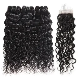 Ishow Brazilian Water Wave Hair with 44 Lace Closure Human Hair Bundles with Closure Peruvian Pervian Wavy Hush Hair Extensions20893705178056