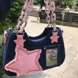 Y2k Star Chain Underarm Bag Fashion Cool Dark Harajuku Style Denim Bag Pink Womens Bag Tote Bag Purses Handbags Baguett 240220
