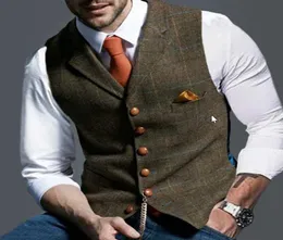 Men039s TShirts Business Mens Suit Vest Lapel V Neck Wool Plaid Casual Brown Waistcoat Formal Groomsman Jacket For Wedding Clo6762670