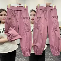 Capris 4XL Large Size Casual Pants Women Summer Thin Cotton Trousers 2023 New Fashion Korean Elastic Waist Loose AnkleLength Pants