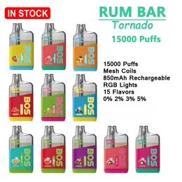 Orijinal Rum Bar Tornado Box Vaper 15000 Puf Puf Tek Kullanılabilir Vape Başlangıç ​​Kiti 22 ML Pil 850mAh Şarj Edilebilir E-Cigarette Vape 15flavers Srock