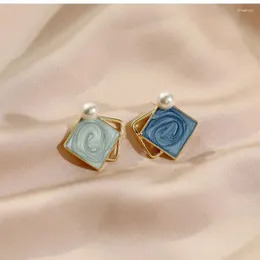 Stud Earrings Lispector Enamel Geometric Square For Women Fashion Korean Sweet Light Luxury Pearl Party Jewelry Gifts