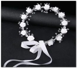 Bridal Crystal White Wedding Flower Crown Girls Stereo Flowers Bowbon Bows Princess Wreath Dzieci 039s impreza Garland Hair 2285624