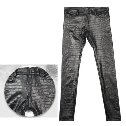 Pants Men Pencil Pants 3 D Intaglio Printing Crocodile Grain Leggings Fashion Shiny PU Leather Casual Pants Skinny Motorcycle Trousers
