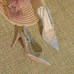 Dress Shoes PVC Pointed Transparent Diamond High Heels Women 2024 Spring Sexy Baotou Wedding Crystal Sandals